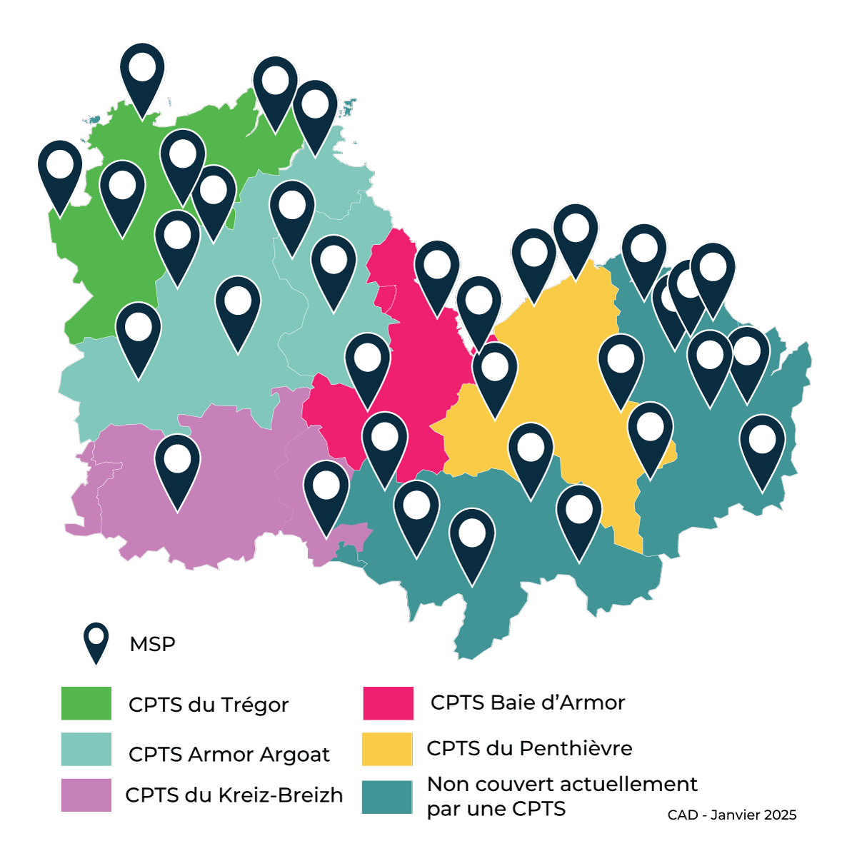 Carte des Pôles et Maisons de santé pluriprofessionnelle des Côtes d’Armor