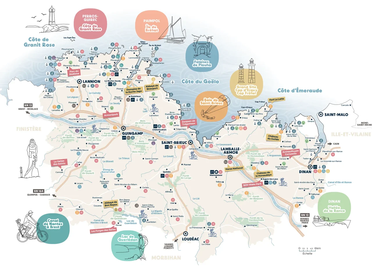 Carte des sites emblématiques des Côtes d'Armor en Bretagne
